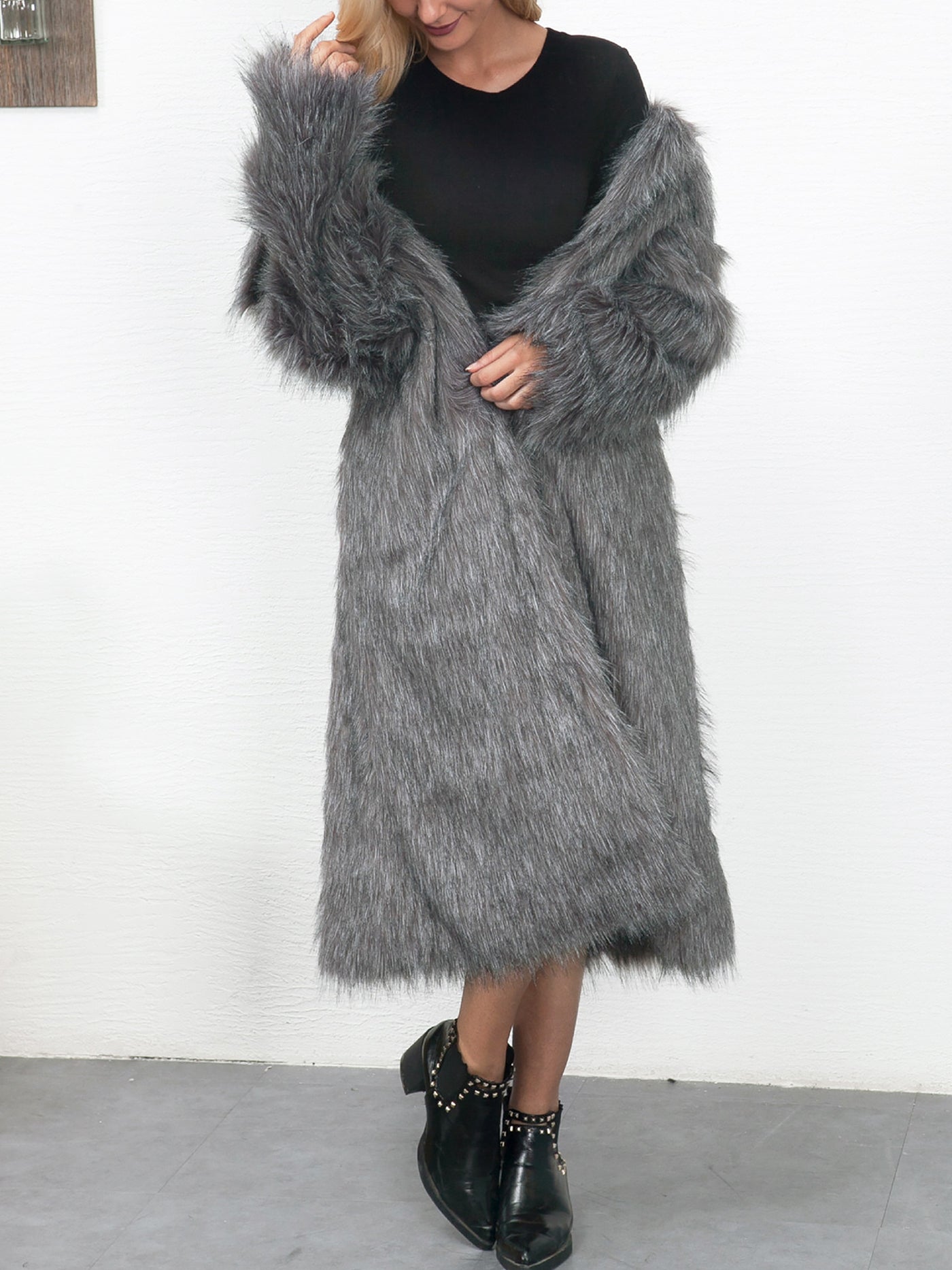 Allegra K Lapel Faux Fur Long Sleeves Mid Length Coat