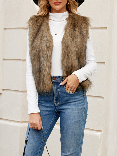 Faux Fur Sleeveless Open Front Cropped Vest