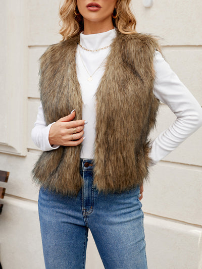 Faux Fur Sleeveless Open Front Cropped Vest