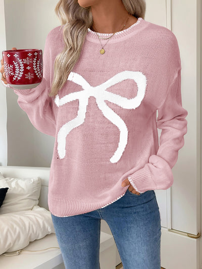 Loose Long Sleeve Round Neck Christmas Bow Sweater