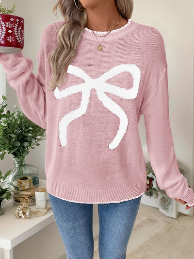 Loose Long Sleeve Round Neck Christmas Bow Sweater