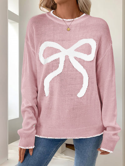 Loose Long Sleeve Round Neck Christmas Bow Sweater