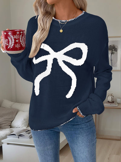 Loose Long Sleeve Round Neck Christmas Bow Sweater