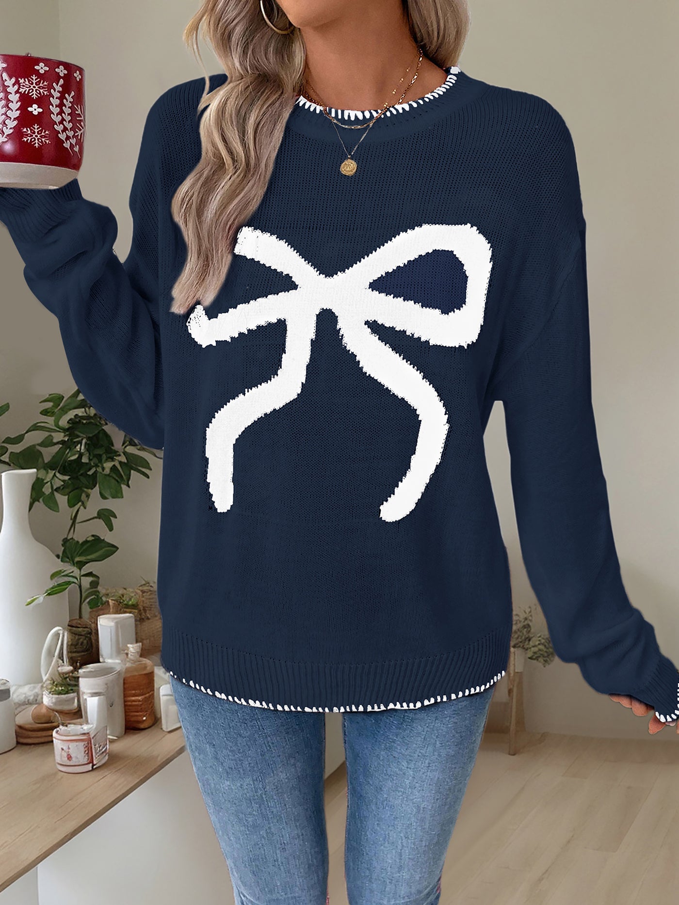 Allegra K Loose Long Sleeve Round Neck Christmas Bow Sweater