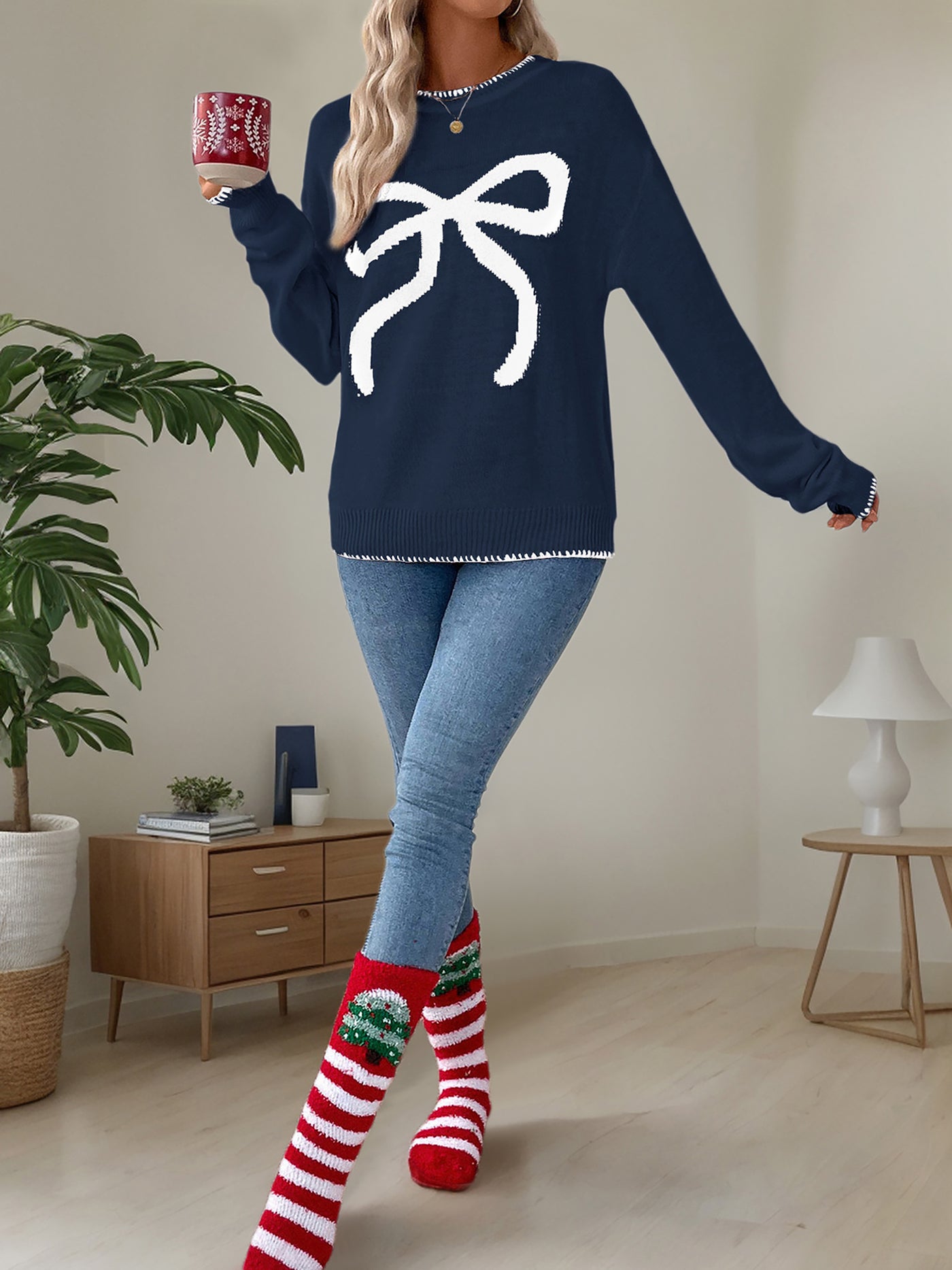 Allegra K Loose Long Sleeve Round Neck Christmas Bow Sweater