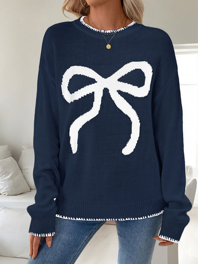 Loose Long Sleeve Round Neck Christmas Bow Sweater