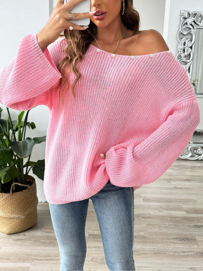 Faux Pearl Decor Long Sleeves Loose Fit Knit Sweater