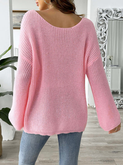 Faux Pearl Decor Long Sleeves Loose Fit Knit Sweater