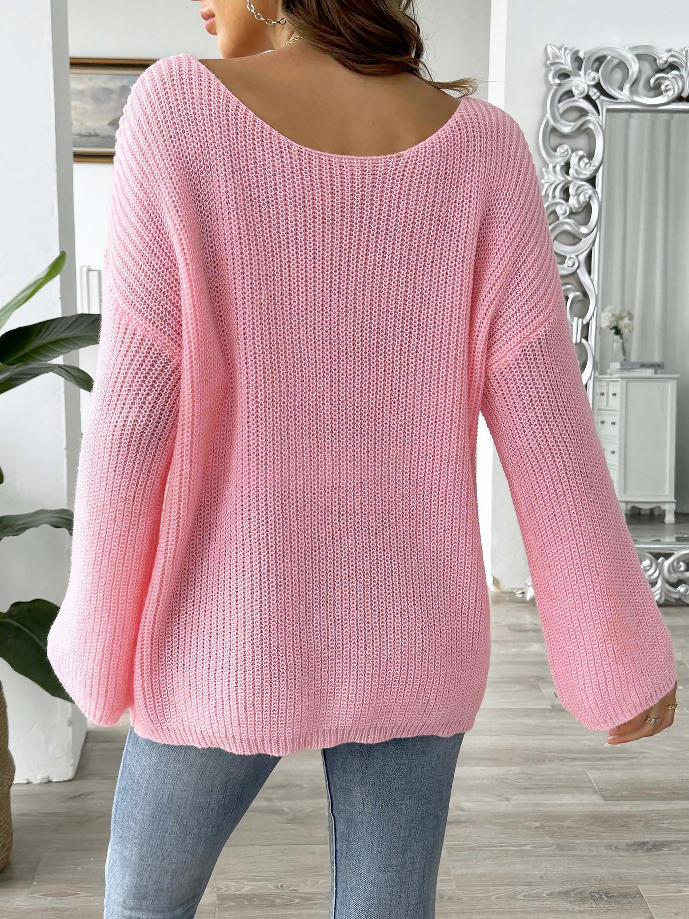 Allegra K Faux Pearl Decor Long Sleeves Loose Fit Knit Sweater