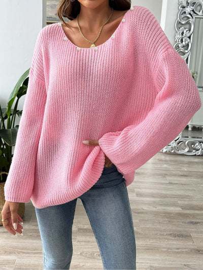 Faux Pearl Decor Long Sleeves Loose Fit Knit Sweater