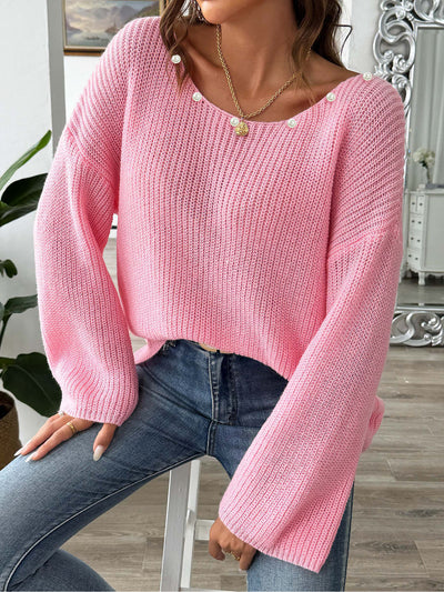 Faux Pearl Decor Long Sleeves Loose Fit Knit Sweater