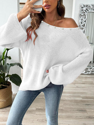 Faux Pearl Decor Long Sleeves Loose Fit Knit Sweater