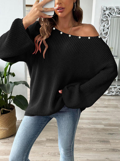 Faux Pearl Decor Long Sleeves Loose Fit Knit Sweater