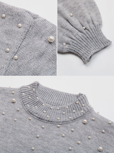 Faux Pearl Decor Solid Color Lantern Sleeve Sweater