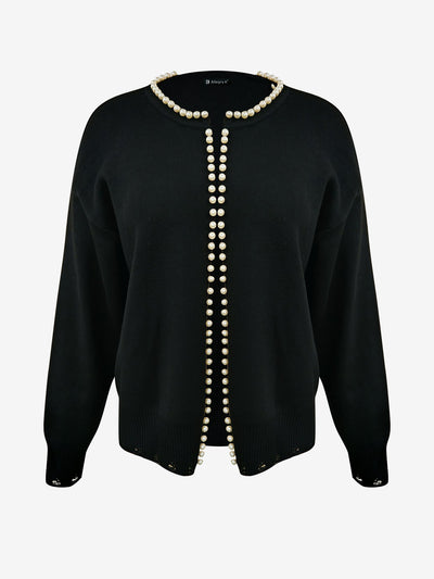 Faux Pearl Decor Long Sleeves Open Front Cardigan