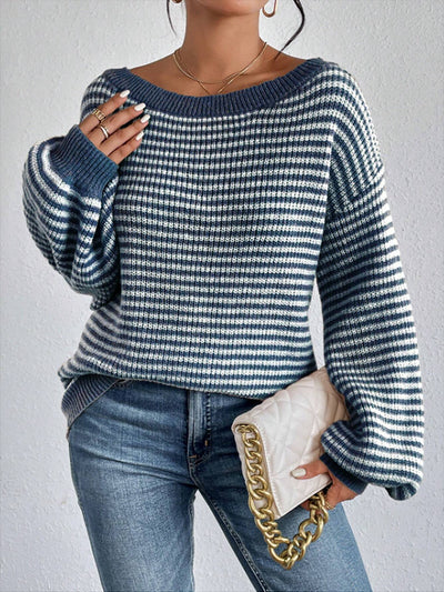 Striped Off Shoulder Long Sleeves Ribbed Knit Sweater