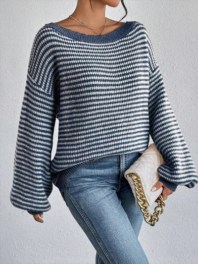 Striped Off Shoulder Long Sleeves Ribbed Knit Sweater