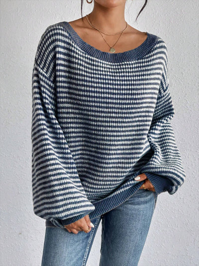 Striped Off Shoulder Long Sleeves Ribbed Knit Sweater