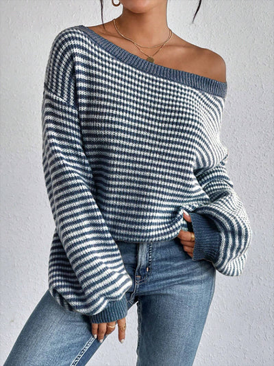 Striped Off Shoulder Long Sleeves Ribbed Knit Sweater