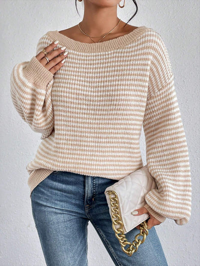 Striped Off Shoulder Long Sleeves Ribbed Knit Sweater