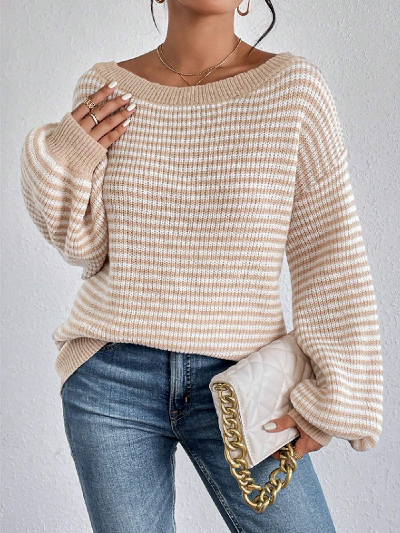 Allegra K Striped Off Shoulder Long Sleeves Ribbed Knit Sweater