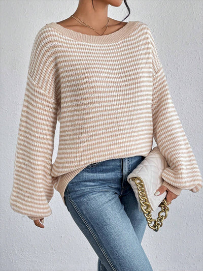 Striped Off Shoulder Long Sleeves Ribbed Knit Sweater