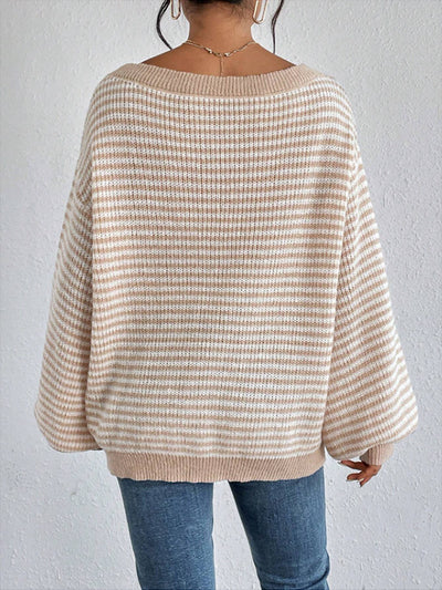 Striped Off Shoulder Long Sleeves Ribbed Knit Sweater