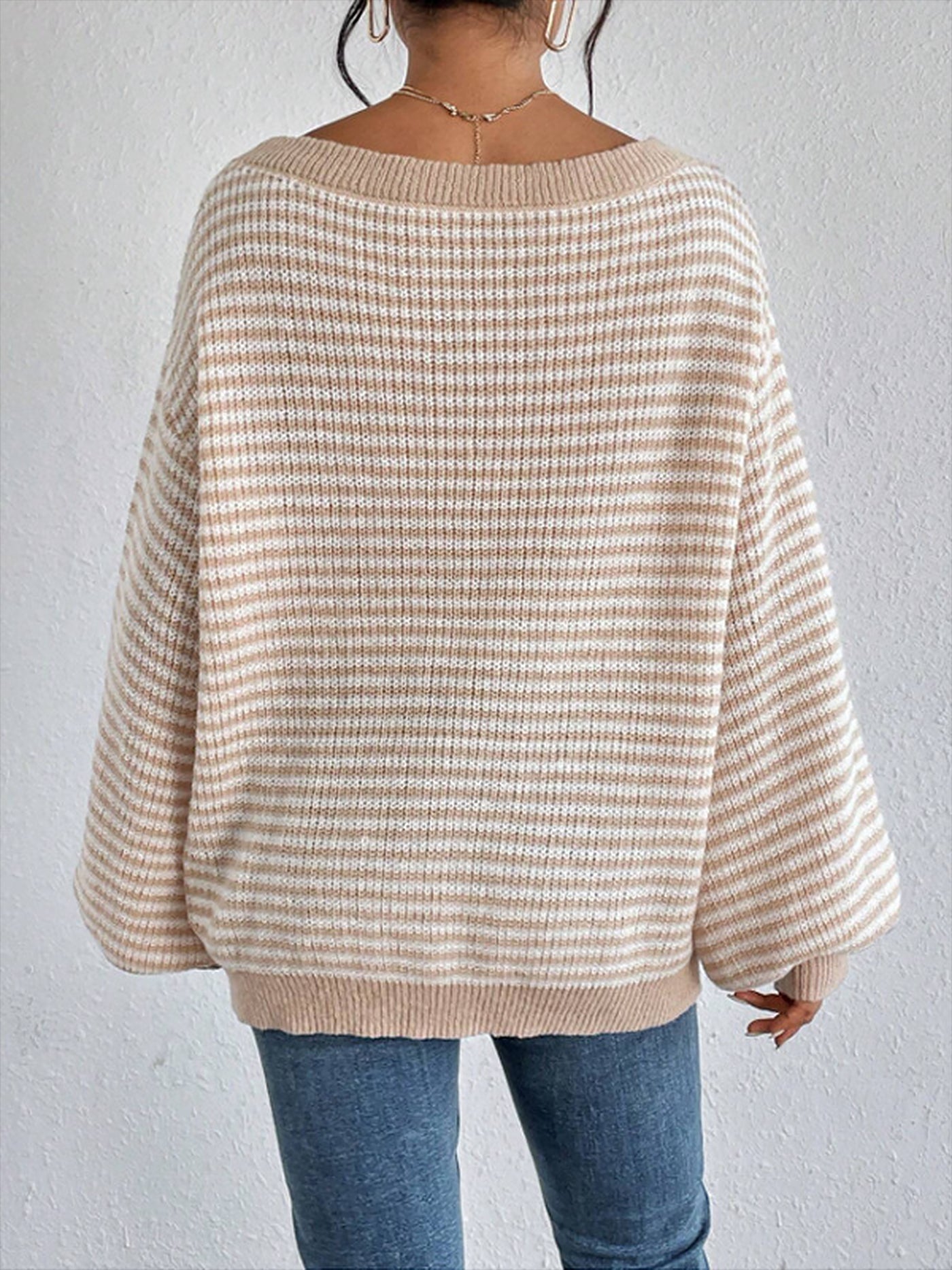 Allegra K Striped Off Shoulder Long Sleeves Ribbed Knit Sweater