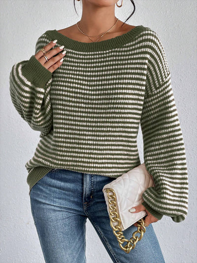 Striped Off Shoulder Long Sleeves Ribbed Knit Sweater