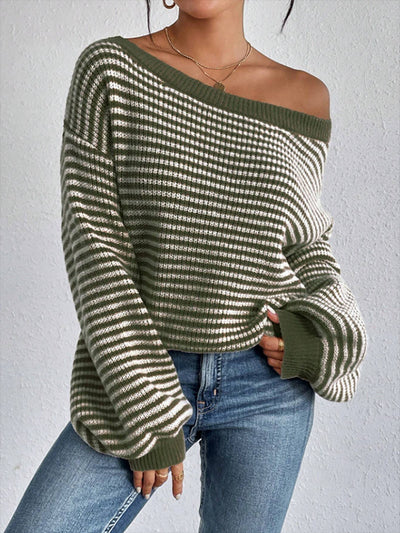 Striped Off Shoulder Long Sleeves Ribbed Knit Sweater