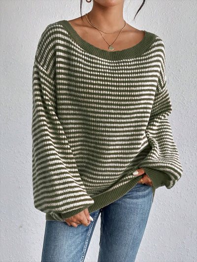 Striped Off Shoulder Long Sleeves Ribbed Knit Sweater