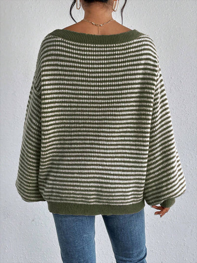 Striped Off Shoulder Long Sleeves Ribbed Knit Sweater