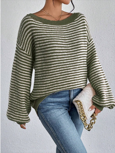 Striped Off Shoulder Long Sleeves Ribbed Knit Sweater