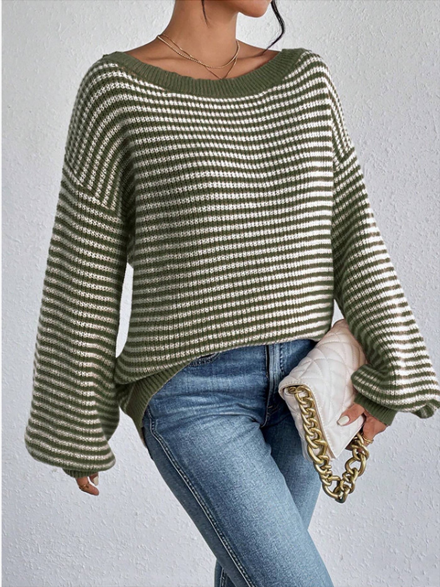 Allegra K Striped Off Shoulder Long Sleeves Ribbed Knit Sweater