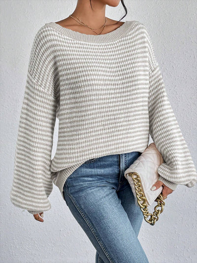 Striped Off Shoulder Long Sleeves Ribbed Knit Sweater