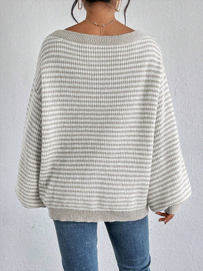 Striped Off Shoulder Long Sleeves Ribbed Knit Sweater