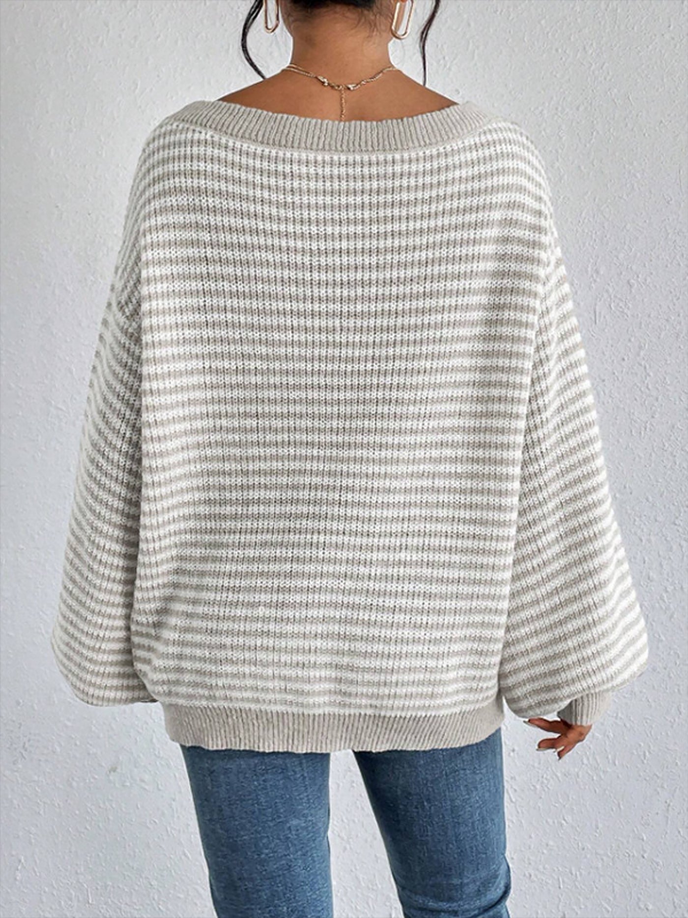 Allegra K Striped Off Shoulder Long Sleeves Ribbed Knit Sweater