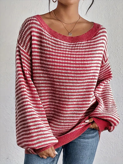 Striped Off Shoulder Long Sleeves Ribbed Knit Sweater