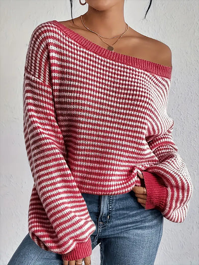 Striped Off Shoulder Long Sleeves Ribbed Knit Sweater