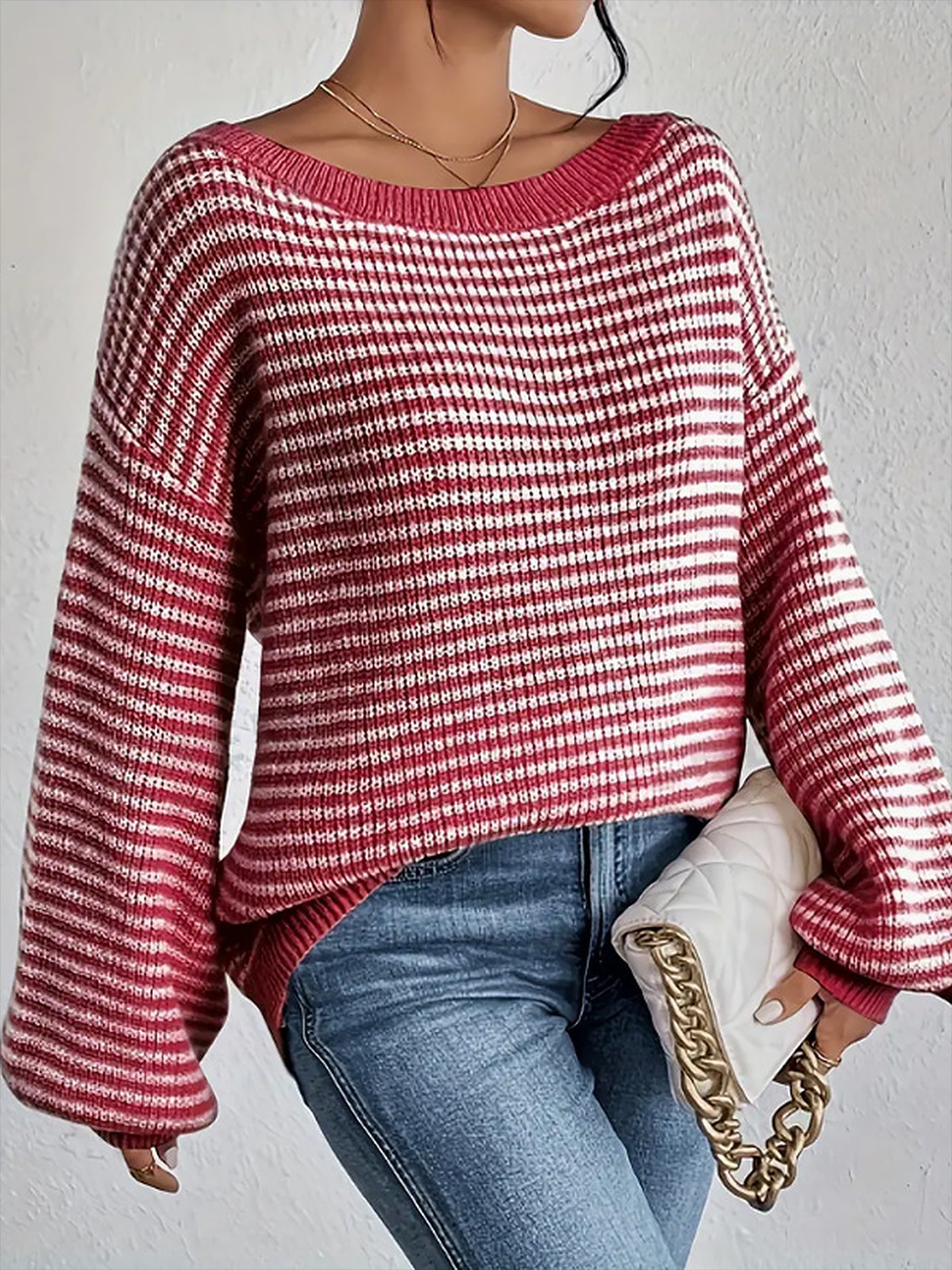 Allegra K Striped Off Shoulder Long Sleeves Ribbed Knit Sweater