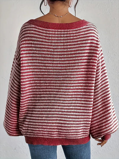 Striped Off Shoulder Long Sleeves Ribbed Knit Sweater