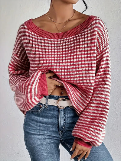 Striped Off Shoulder Long Sleeves Ribbed Knit Sweater