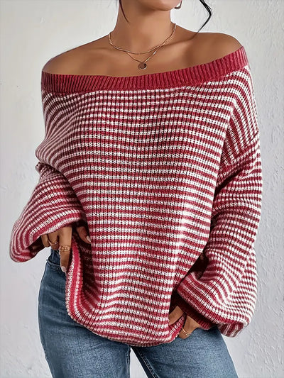 Striped Off Shoulder Long Sleeves Ribbed Knit Sweater