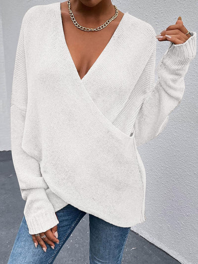 Cross V Neck Solid Color Long Sleeves Casual Sweater