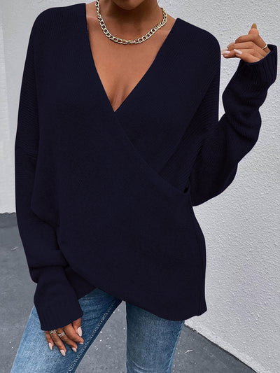 Cross V Neck Solid Color Long Sleeves Casual Sweater