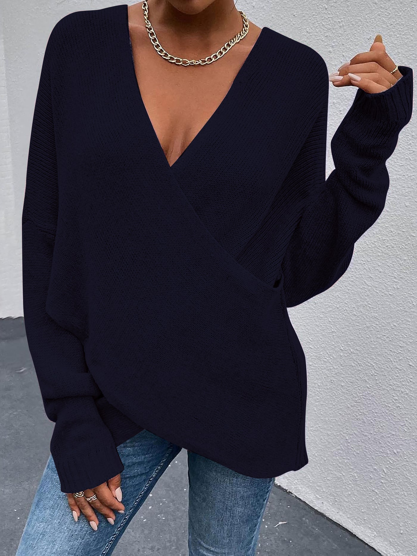 Allegra K Cross V Neck Solid Color Long Sleeves Casual Sweater