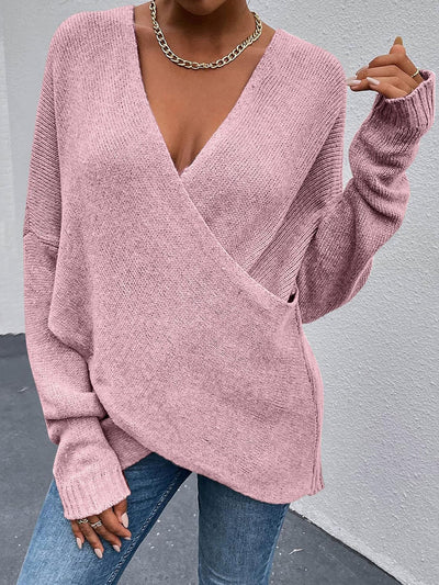 Cross V Neck Solid Color Long Sleeves Casual Sweater