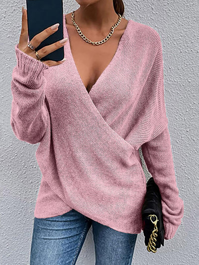 Cross V Neck Solid Color Long Sleeves Casual Sweater