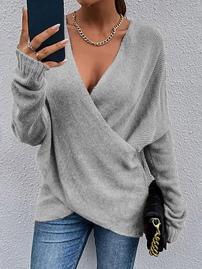 Cross V Neck Solid Color Long Sleeves Casual Sweater