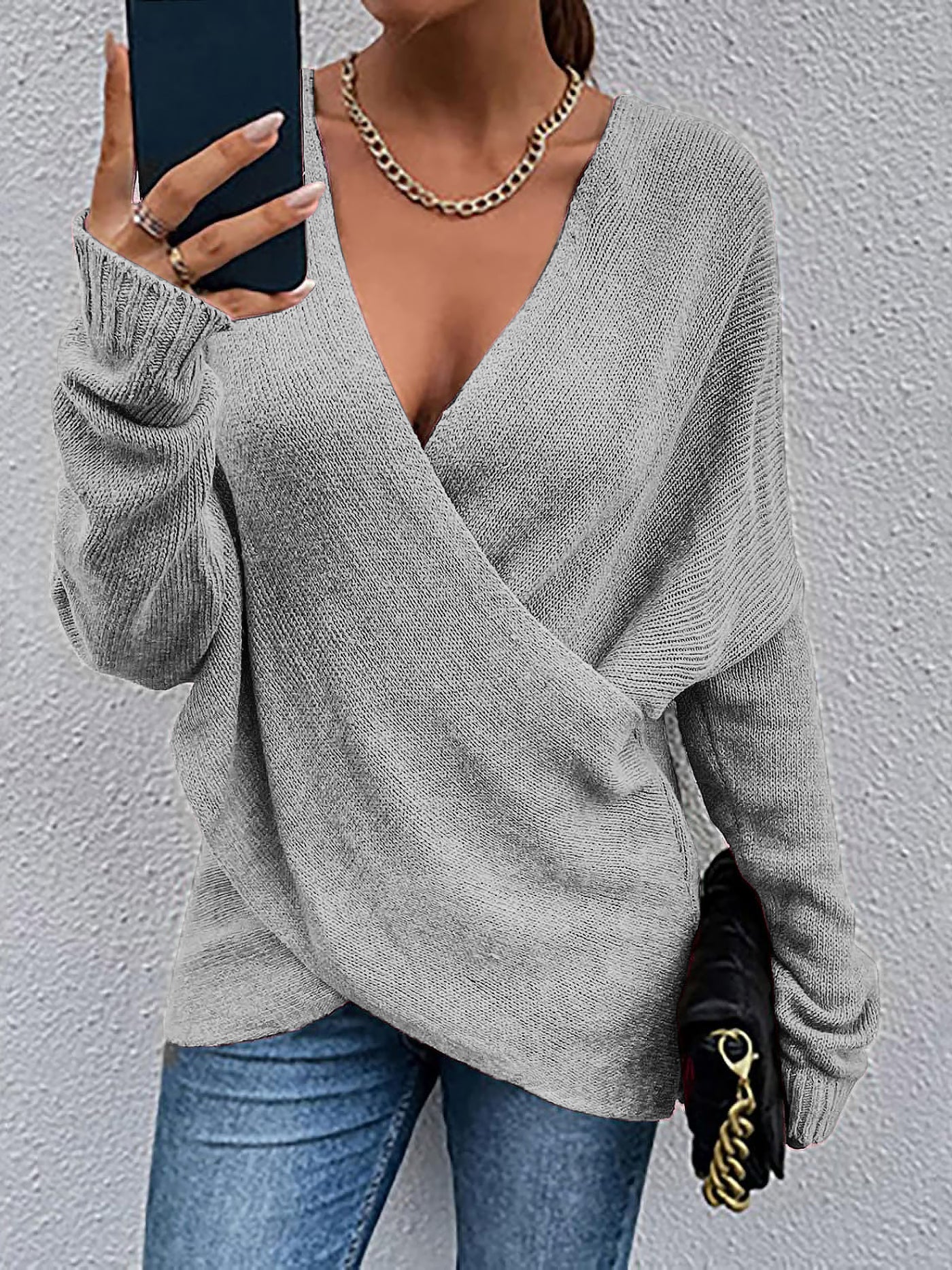 Allegra K Cross V Neck Solid Color Long Sleeves Casual Sweater